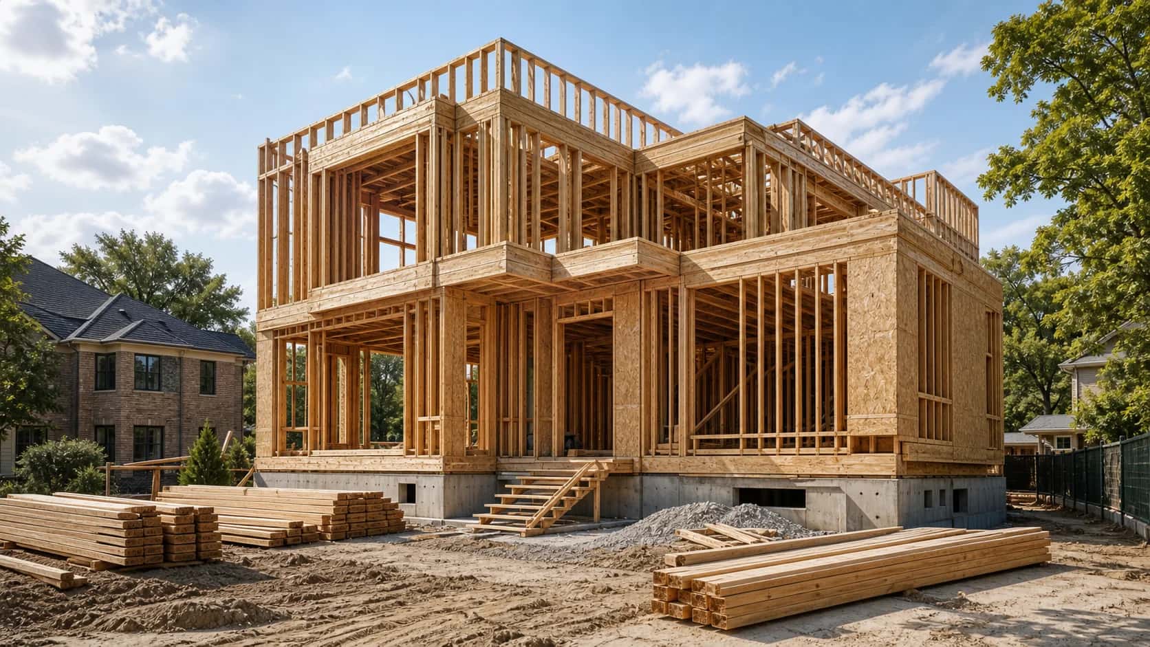 A modern residential construction project in exposed timber framing.