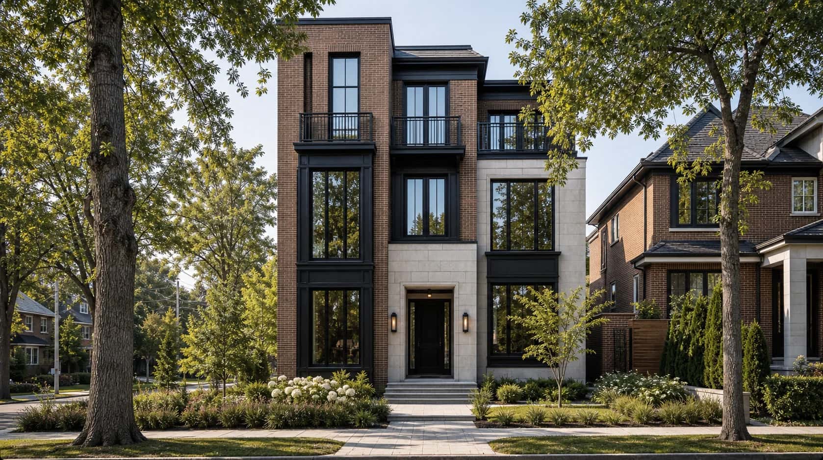 Finished contemporary residential home with brick, dark windows, and landscaping.
