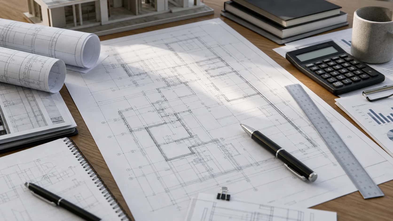 Residential blueprints and financing documents arranged on a desk.
