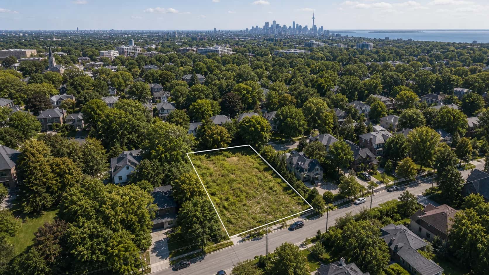 Aerial view of a residential infill site outlined among GTA neighbourhood homes.